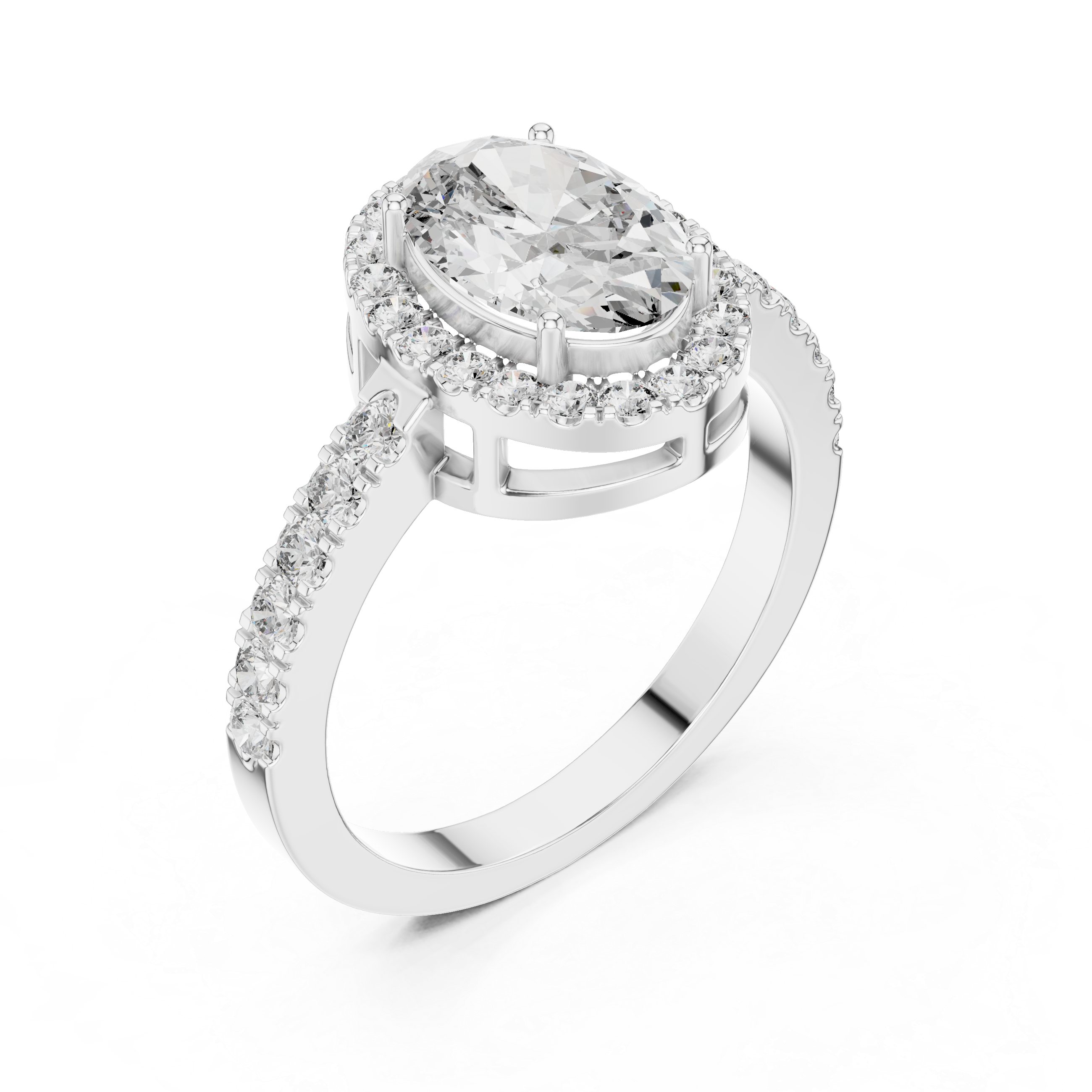 Silver ring with a large central gemstone and smaller stones on a white background